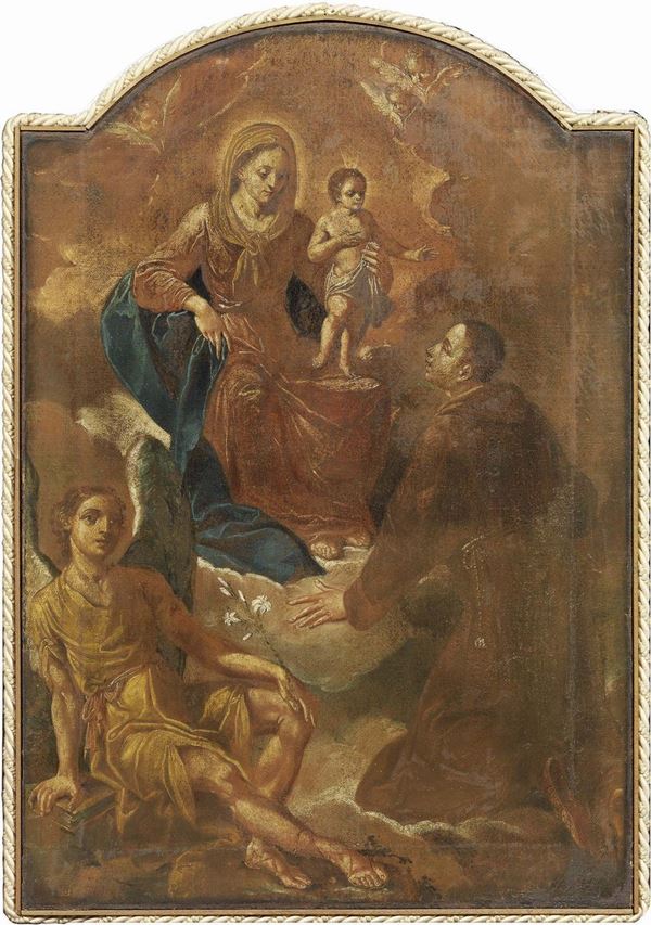 Scuola emiliana inizio XVIII secolo - Madonna col Bambino, l'Angelo Raffaele e Santo francescano
