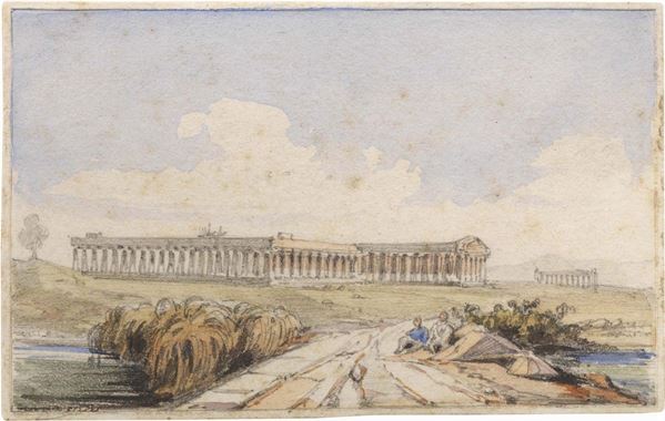 Ignoto del XIX secolo - Veduta con i templi di Paestum