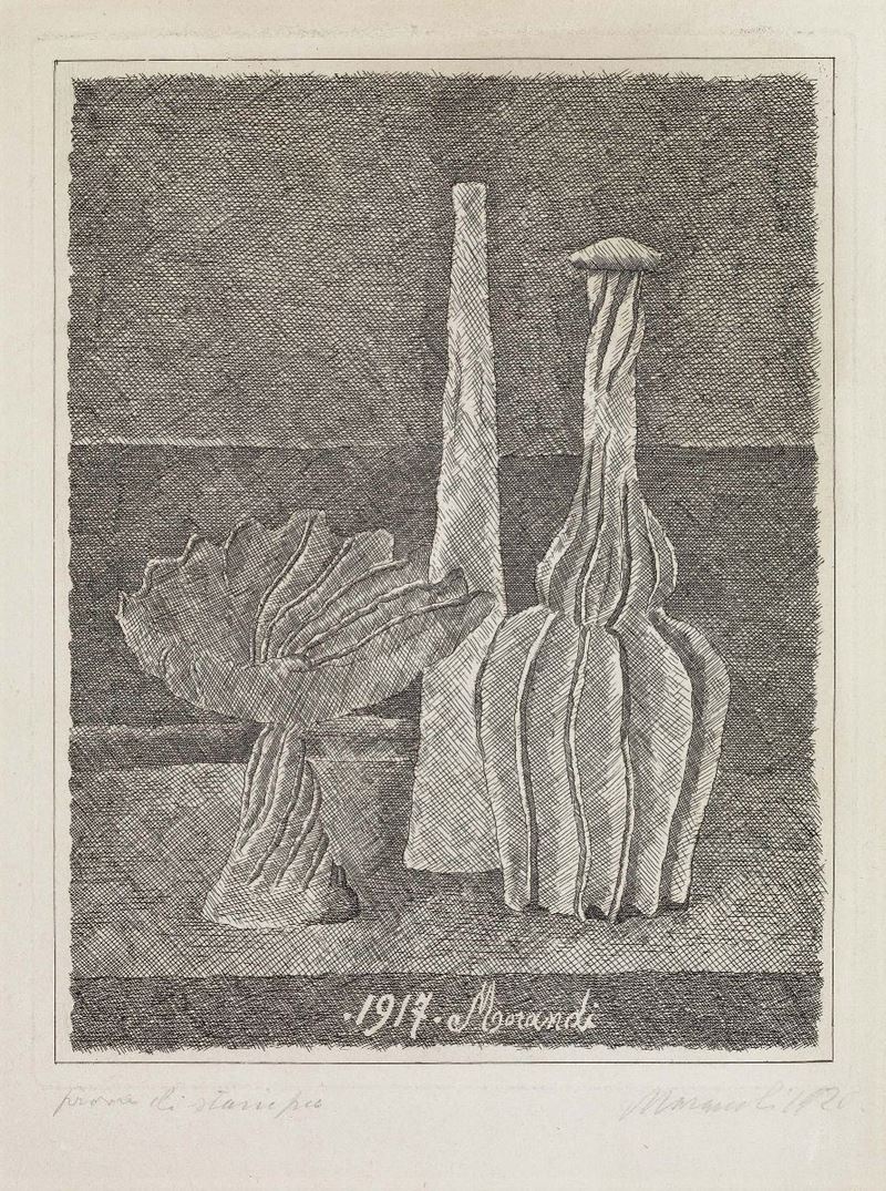 Giorgio Morandi - Natura Morta con Compostiera, Bottiglia Lunga e Bottiglia Scannellata