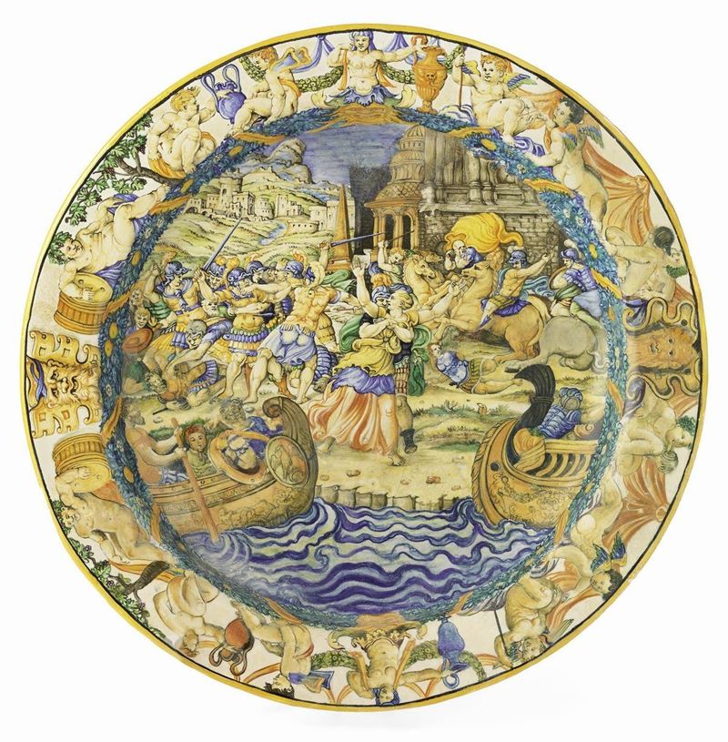 Grande Piatto Istoriato in Maiolica Policroma