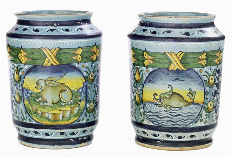 Coppia di Albarelli in Maiolica Policroma