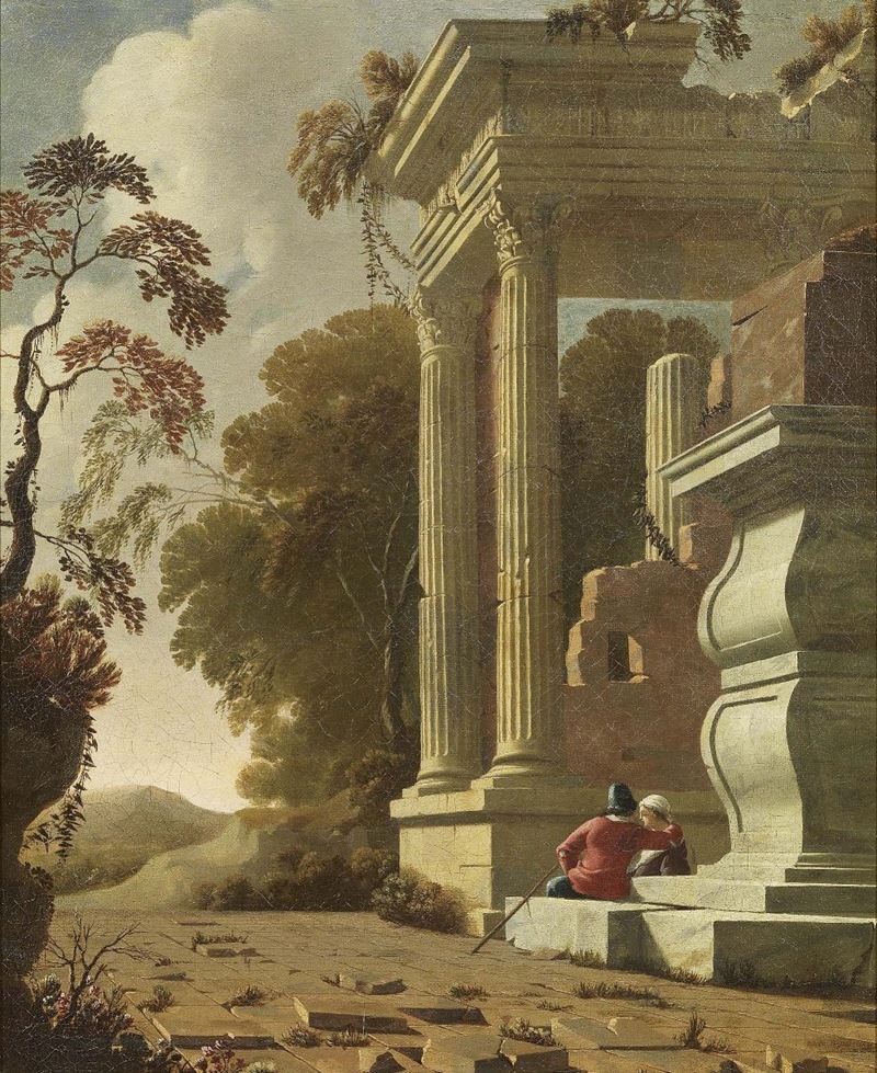 Scuola Romana Fine XVII Secolo - Architetture con Monumento Sepolcrale e Figure