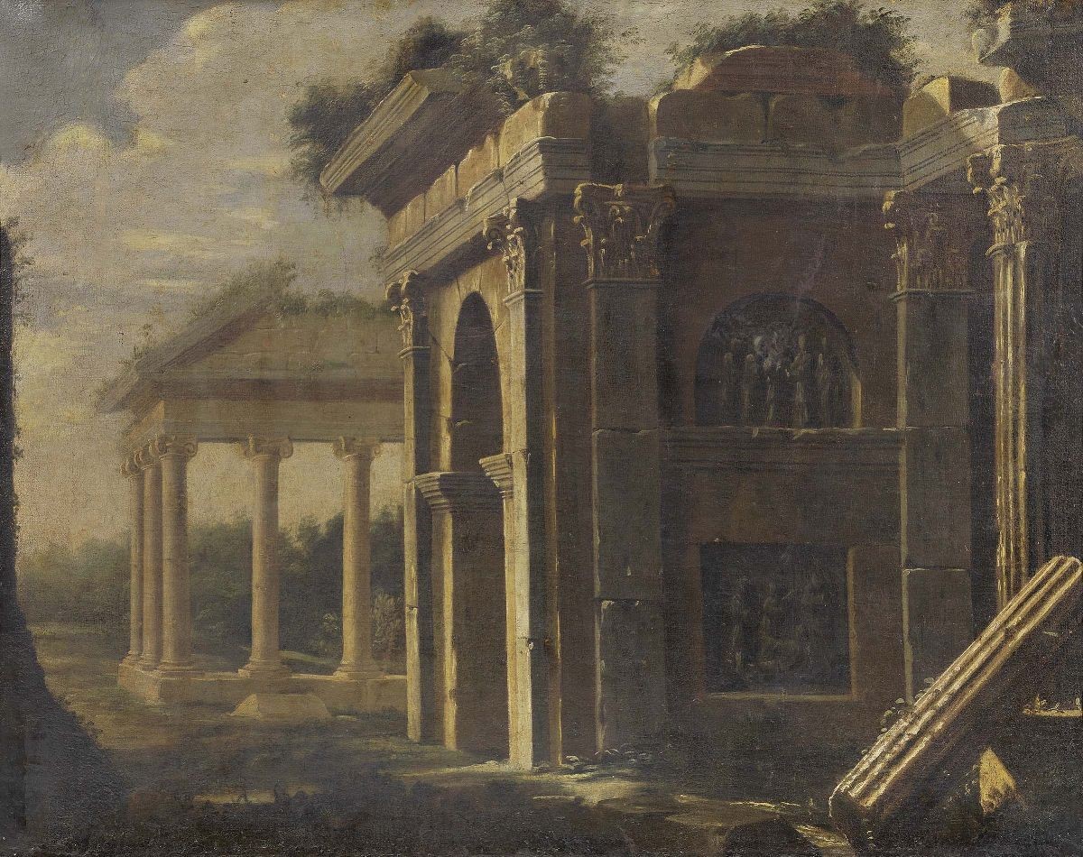 Scuola Romana Fine XVII - Inizio XVIII Secolo - «rovine Architettoniche con Tempio» e «rovine Arc...