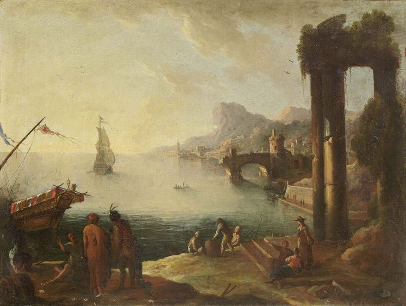 Scuola Fiamminga del XVIII Secolo - «veduta Ideale di Porto con Torre» e «veduta Ideale di Porto ...