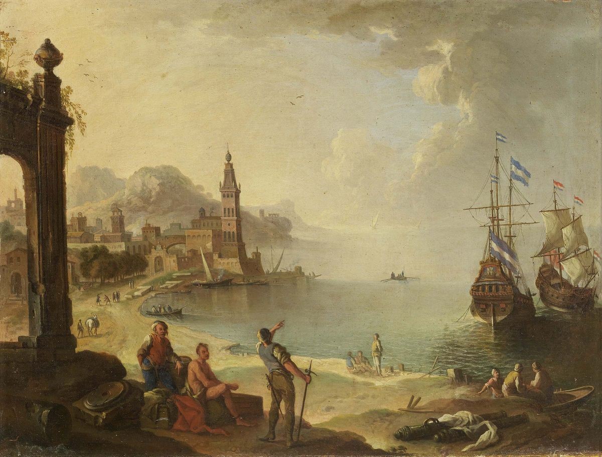 Scuola Fiamminga del XVIII Secolo - «veduta Ideale di Porto con Torre» e «veduta Ideale di Porto ...