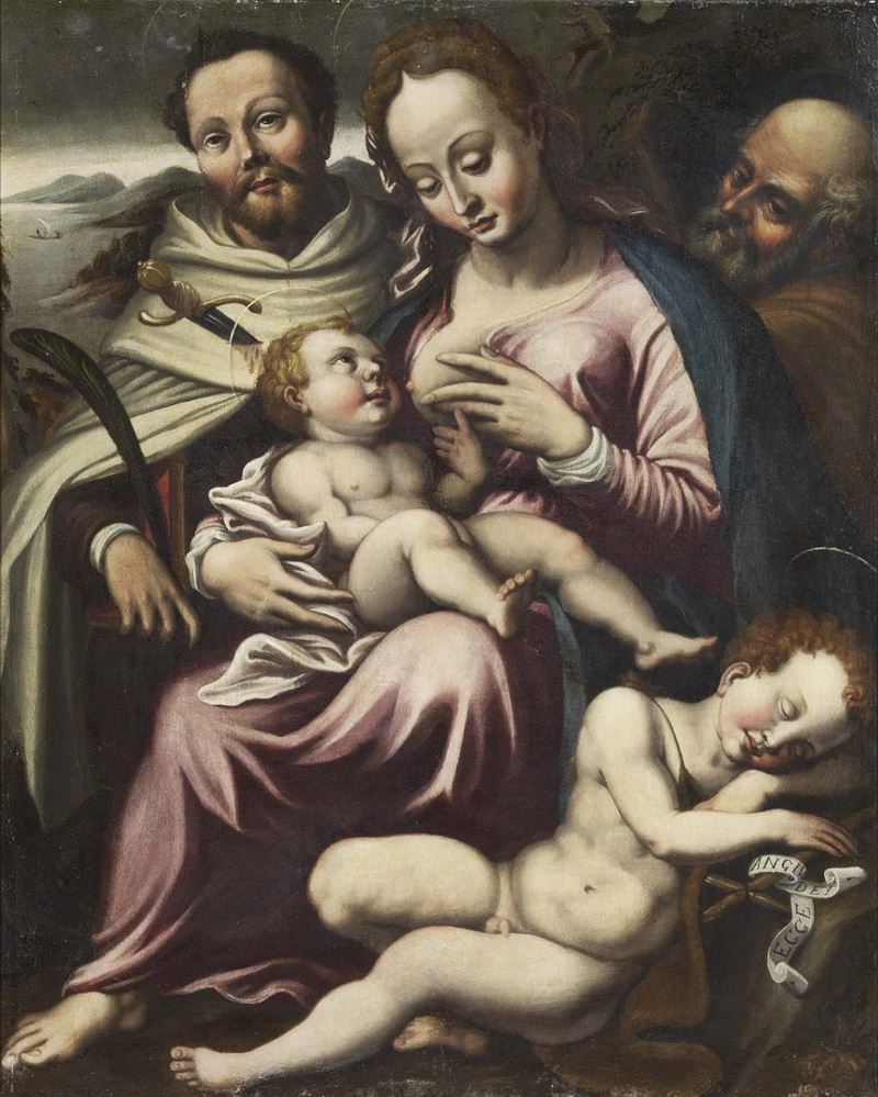 Scuola Emiliana del XVII Secolo - Sacra Famiglia con San Giovannino e Santo Domenicano