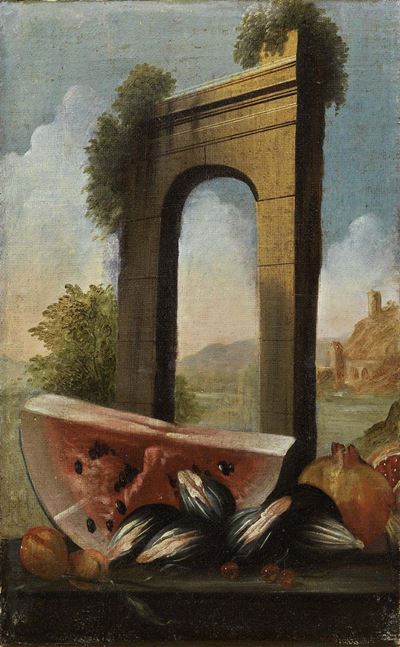 «natura Morta con Cocomero, Fichi e Arco» e «natura Morta con Uva, Pere e Rovine Architettoniche»