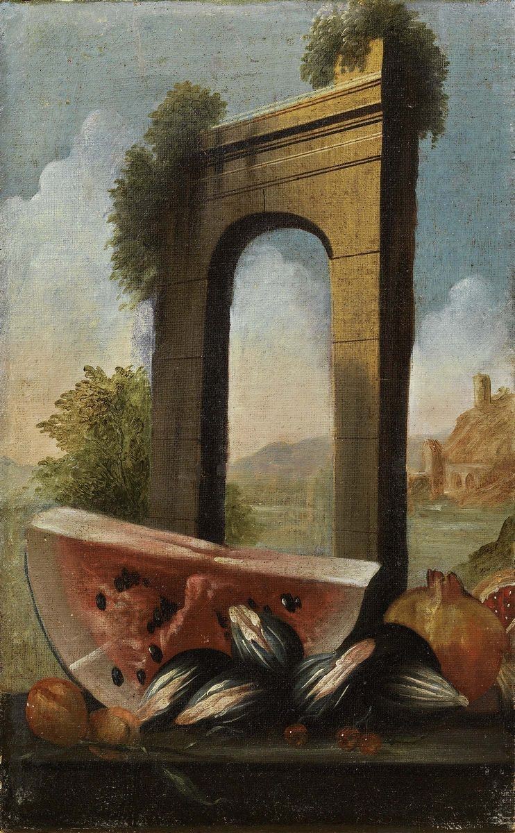 Scuola Italiana del XVIII Secolo - «natura Morta con Cocomero, Fichi e Arco» e «natura Morta con ...