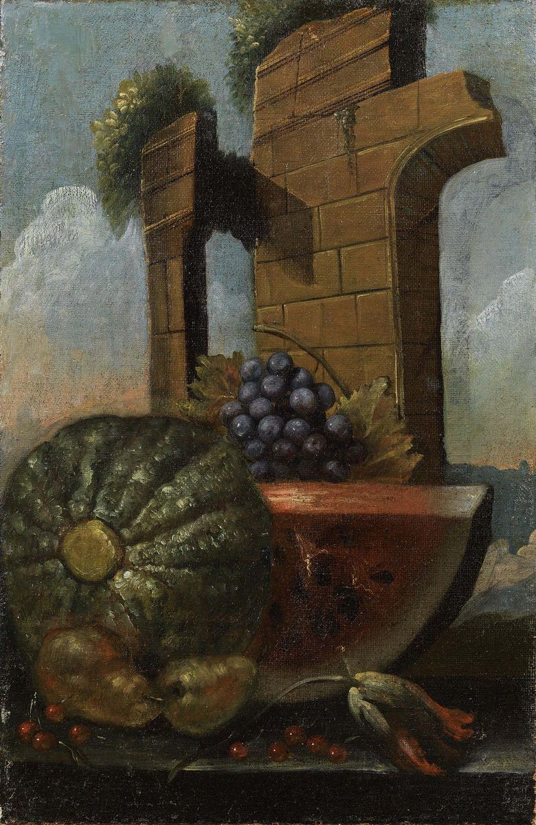 Scuola Italiana del XVIII Secolo - «natura Morta con Cocomero, Fichi e Arco» e «natura Morta con ...