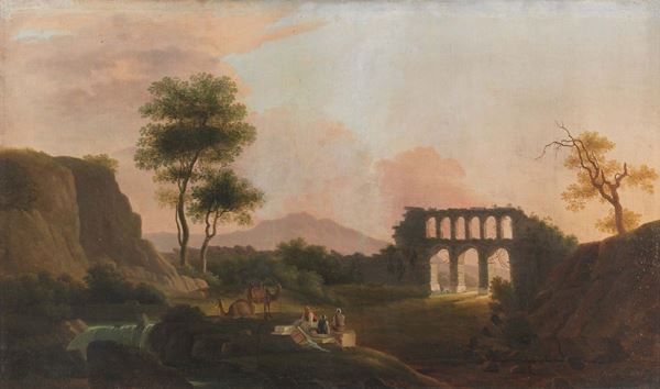 Ignoto del XIX secolo - «Paesaggio orientale con rovine e cammelli» e «Paesaggio orientale con scena marina e rovine»