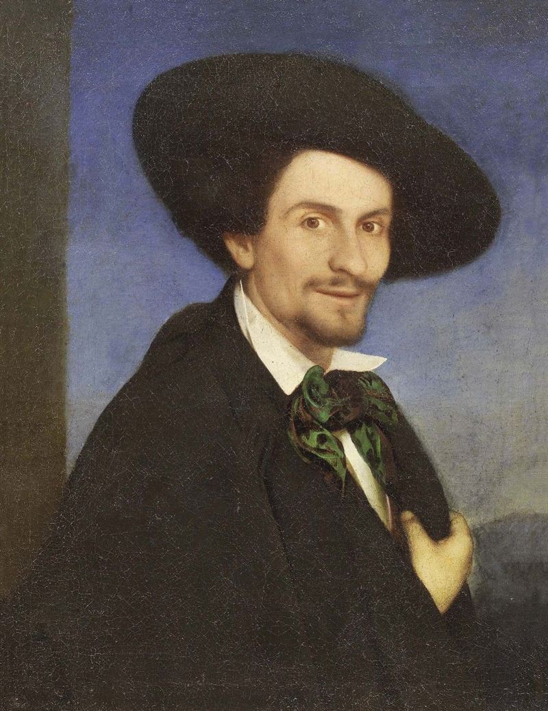 Scuola Svizzero-tedesca del XIX Secolo - Ritratto di Pittore con Cappello e Fiocco Verde