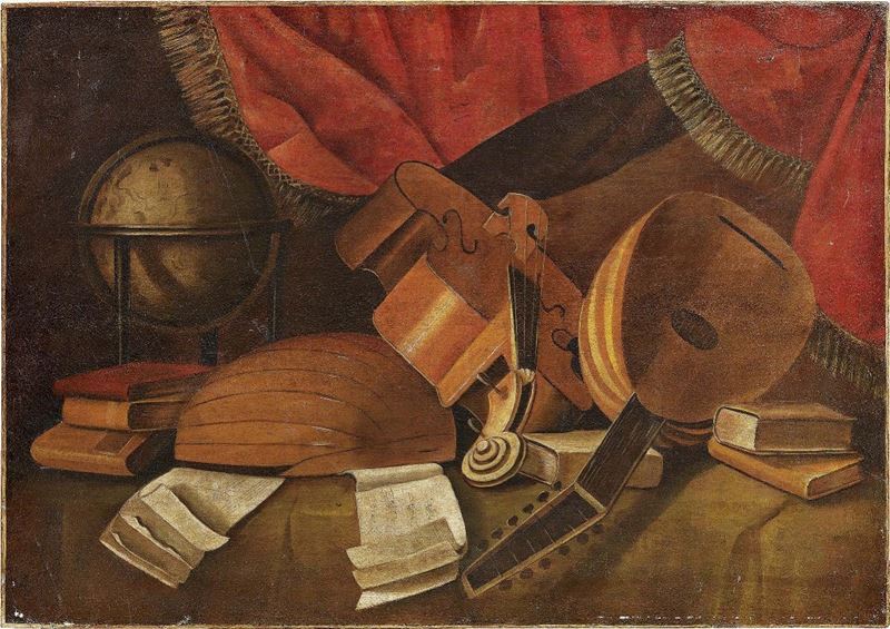 Scuola Lombarda del XVIII Secolo - Natura Morta con Strumenti Musicali e Mappamondo