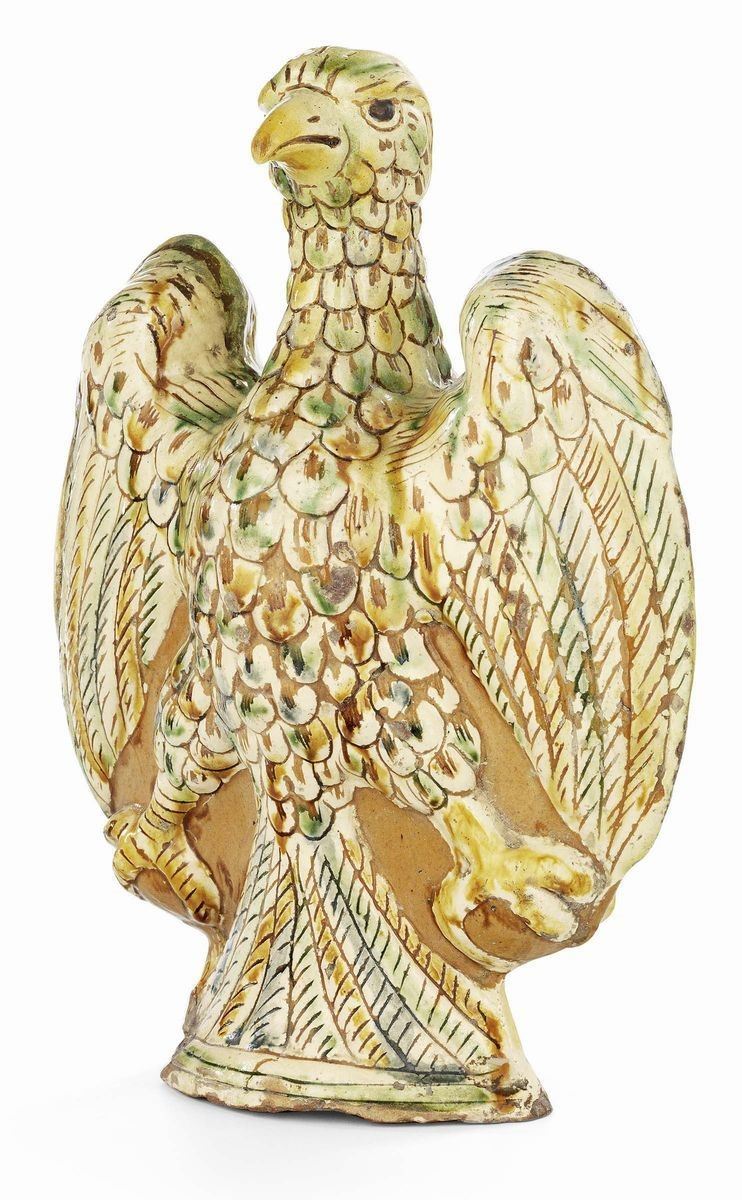 Rara Bottiglia a Forma di Aquila in Maiolica Policroma
