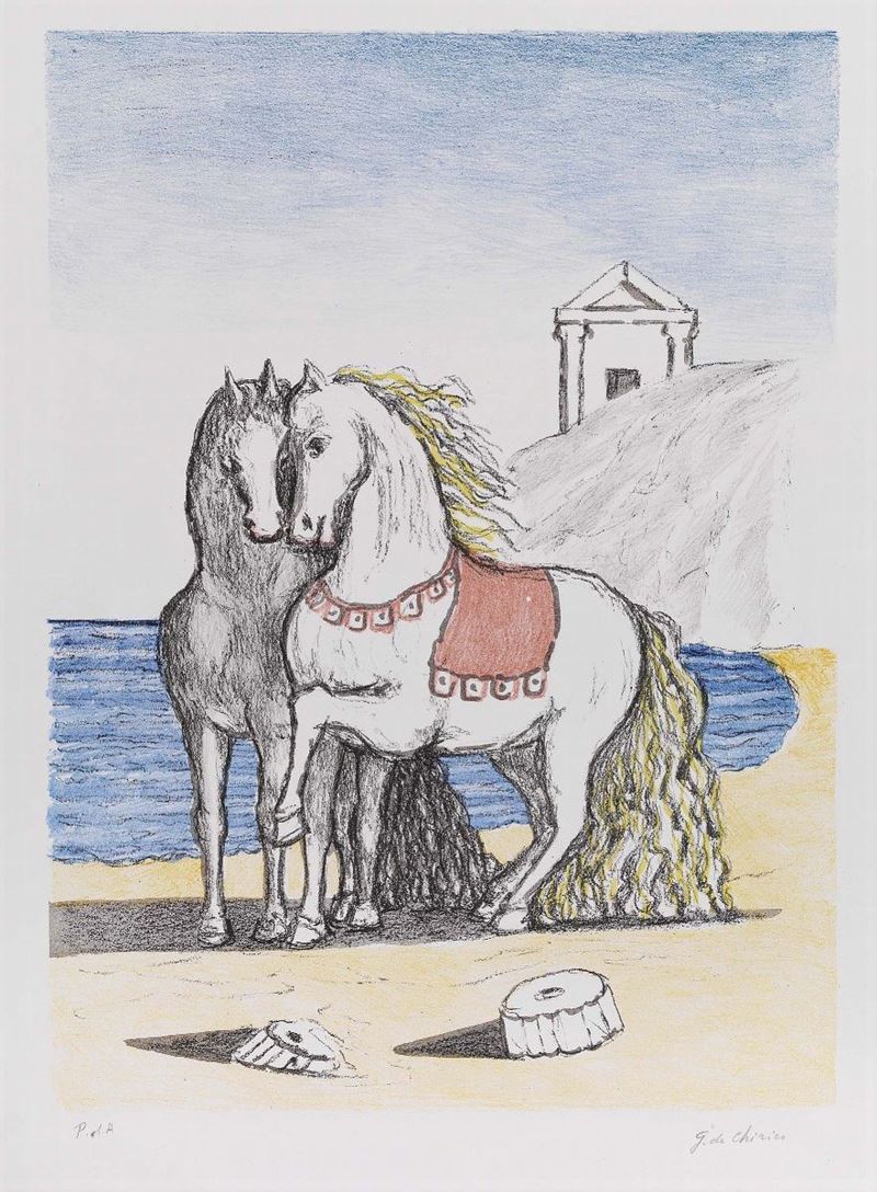 Giorgio De Chirico - Cavalli con Gualdrappa Rossa (cavalli in Riva All'egeo)