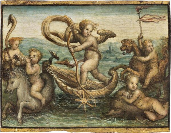 Scuola senese del XVI secolo - Cupido sulla conchiglia con putti marini