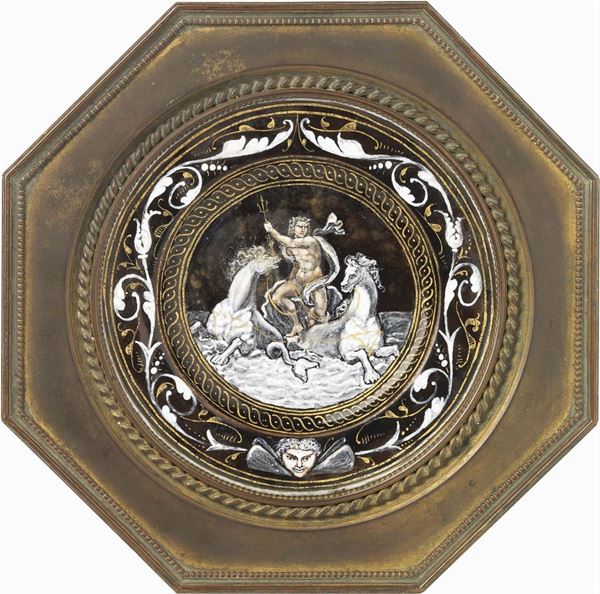 Alzata in bronzo dorato a otto lati con piatto in smalto Limoges come medaglione
