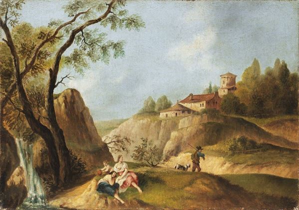 Scuola veneta del XIX secolo - «Paesaggio con abbazia e figure» e «Paesaggio fluviale con figure»