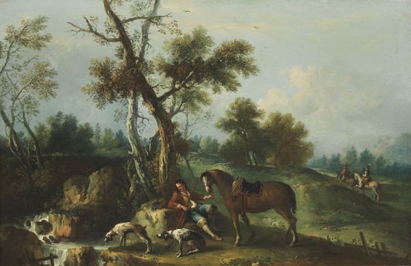 Francesco Zuccarelli - Paesaggio con cavaliere a una fonte