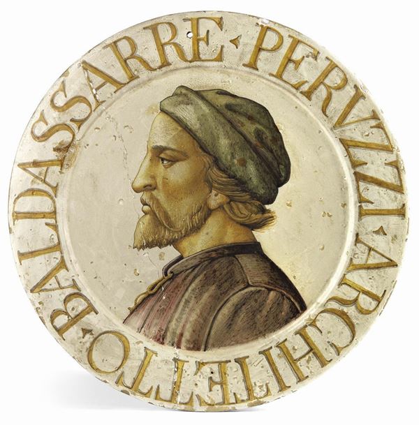 Piatto in maiolica policroma raffigurante Baldassarre Peruzzi