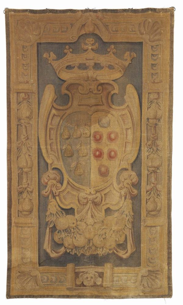 Coppia di arazzi a succo d'erba raffiguranti lo stemma della famiglia Peruzzi de' Medici