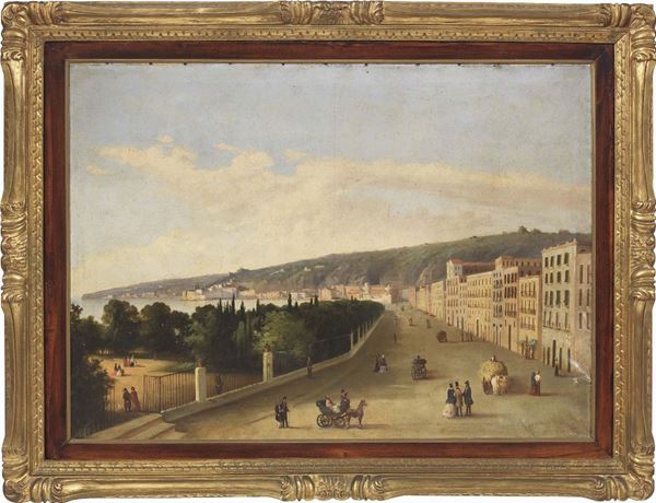 Scuola napoletana del XIX secolo - «Veduta di Chiaia, Napoli» e «Veduta del Golfo di Napoli con il Vesuvio»