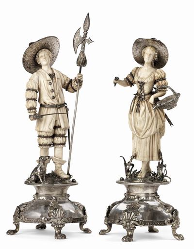 Due Sculture in Avorio, Argento e Cristallo di Rocca