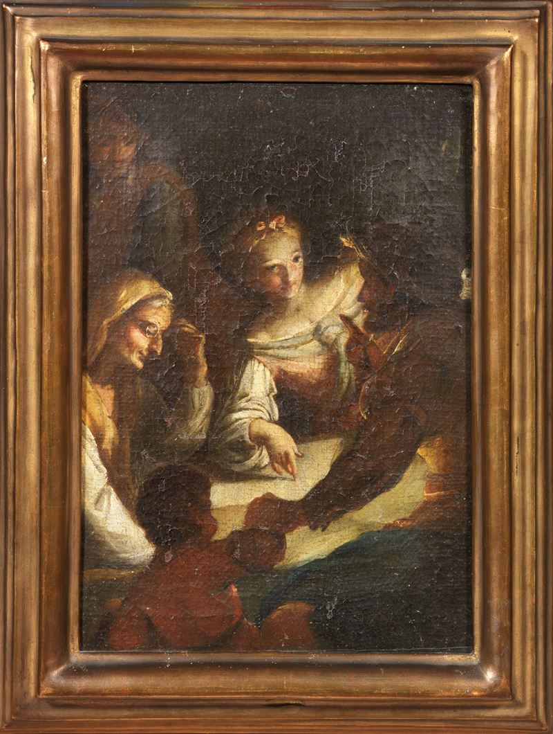 Scuola Emiliana del XVIII Secolo - Interno con Figure a Lume di Candela (le Tre Età)