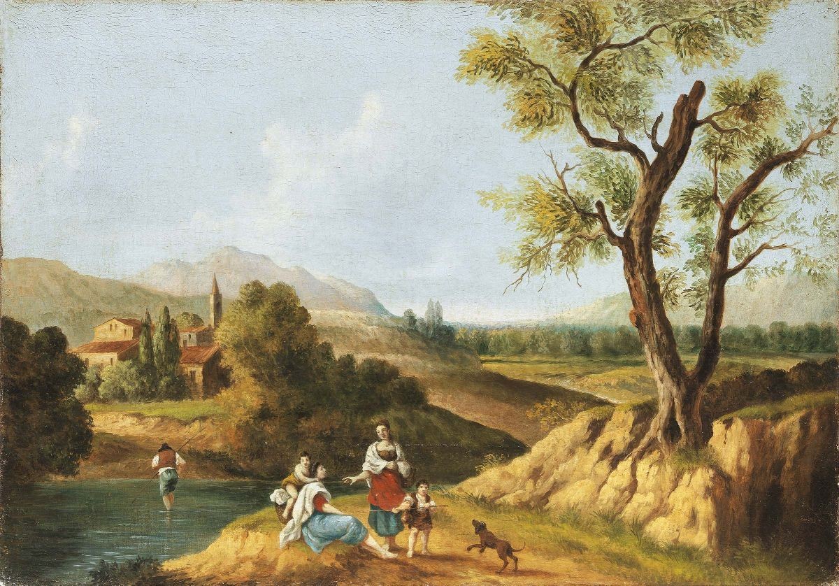 Scuola Veneta del XIX Secolo - «paesaggio con Abbazia e Figure» e «paesaggio Fluviale con Figure»