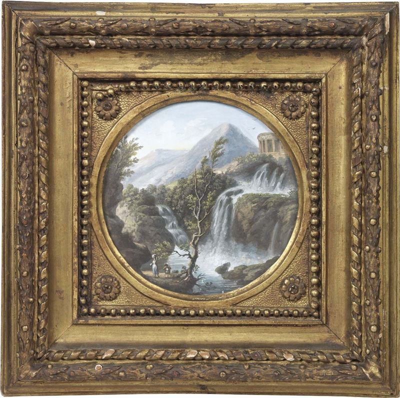 Paul Brill (seguace Di) - Paesaggio con Tempio e Cascate
