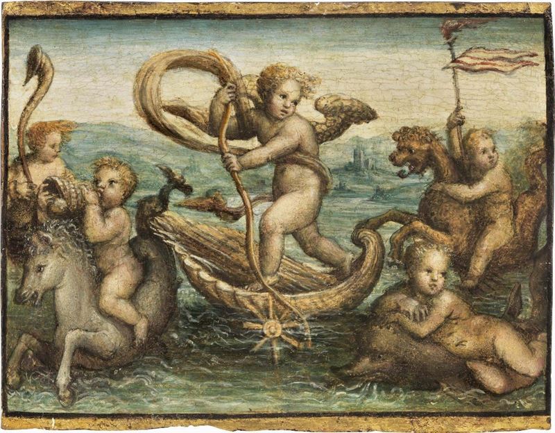 Scuola Senese del XVI Secolo - Cupido sulla Conchiglia con Putti Marini
