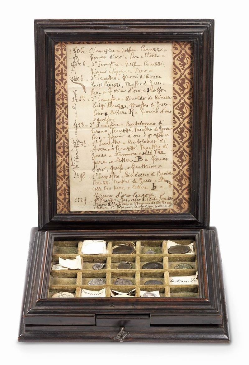 Monetiere Portatile in Legno Patinato Scuro con Legenda a Specchiera