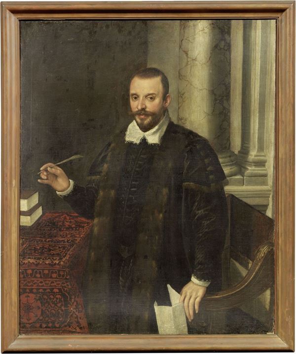 Francesco Bassano il Giovane (attr. a) : Ritratto di gentiluomo che scrive una lettera  - Olio su tela - Asta IMPORTANTI DIPINTI ANTICHI - I - Casa d'aste Farsettiarte