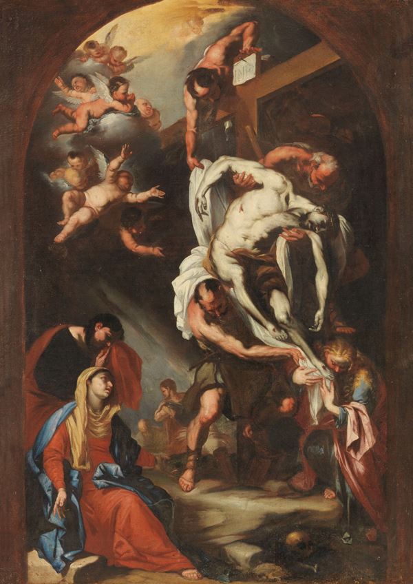 Scuola napoletana fine XVII secolo : Deposizione dalla Croce  - Olio su tela - Asta IMPORTANTI DIPINTI ANTICHI - I - Casa d'aste Farsettiarte