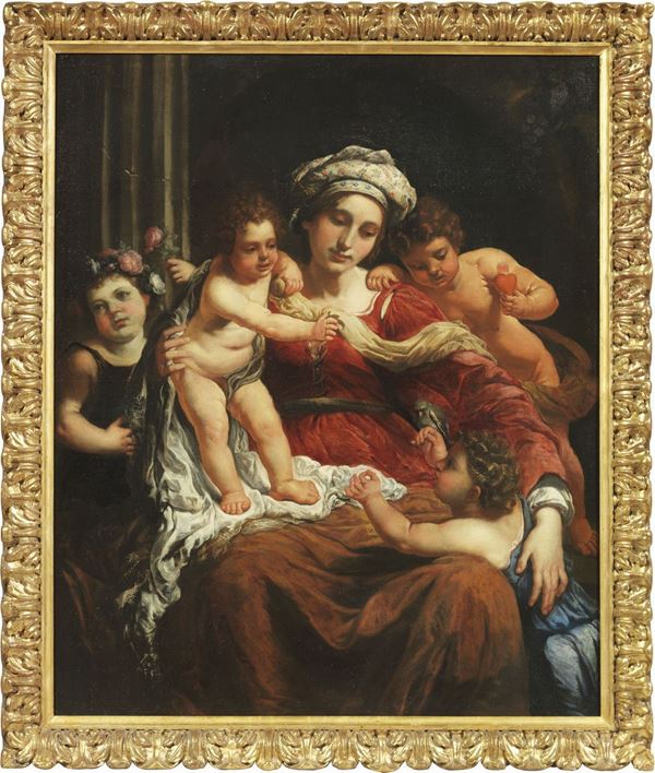 Scuola bolognese del XVII secolo - Madonna col Bambino, San Giovannino e due Angeli