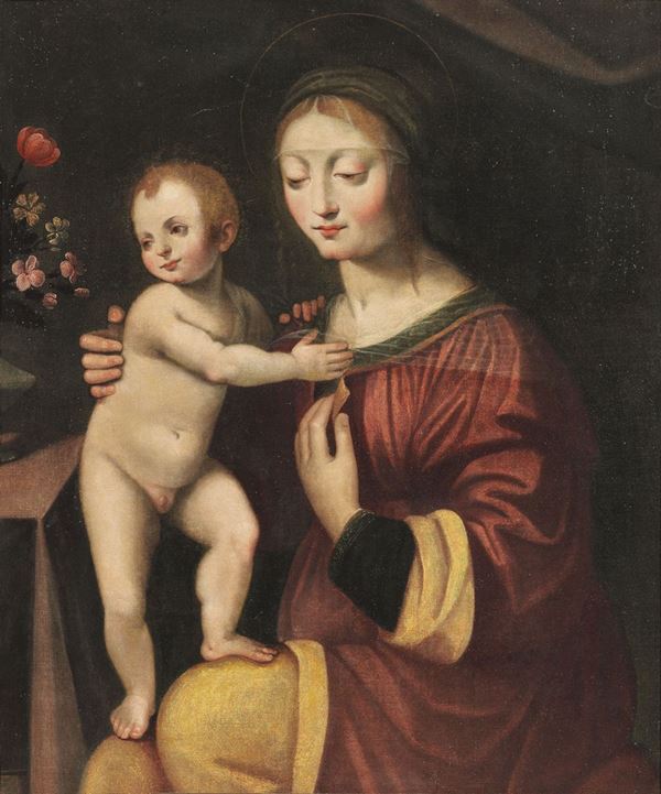 Scuola lombarda fine XVI secolo : Madonna col Bambino  - Olio su tavola - Asta IMPORTANTI DIPINTI ANTICHI - I - Casa d'aste Farsettiarte
