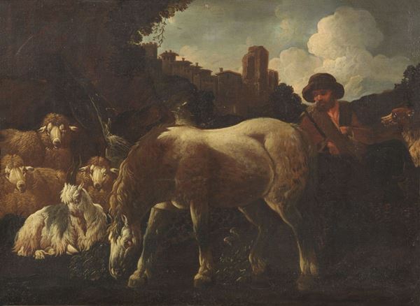 Philip Peter Roos, detto Rosa da Tivoli (bottega di) - Paesaggio con pastore, armenti e borgo turrito