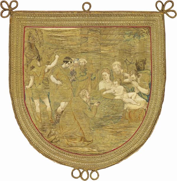 Scudo di piviale in seta e oro raffigurante «Adorazione dei Re Magi»