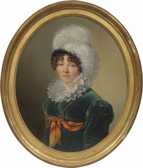 Scuola francese prima met&#224; del XIX secolo - Ritratto di signora con cappello di piume