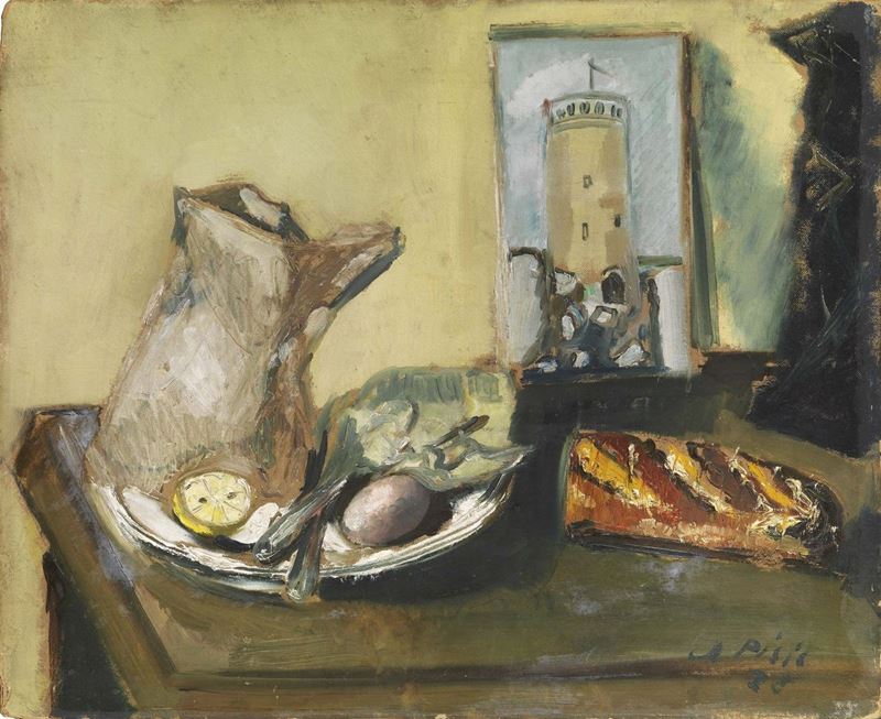 Filippo De Pisis - Natura Morta con Pane e Torre