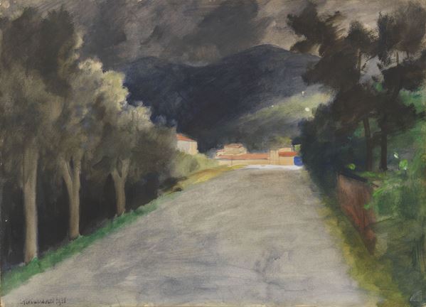 Nino Tirinnanzi : Paesaggio e strada  (1978)  - Tempera su carta applicata su tela - Auction DIPINTI E SCULTURE DEL XIX E XX SECOLO - II - Casa d'aste Farsettiarte