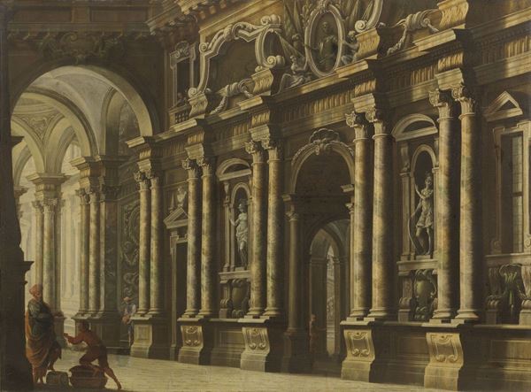Scuola emiliana del XVIII secolo - Veduta architettonica con figure