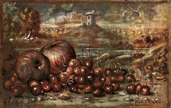 Giorgio de Chirico : Natura morta con ciliegie  (inizio anni Cinquanta)  - Olio su cartone telato - Asta ARTE MODERNA - II - Casa d'aste Farsettiarte