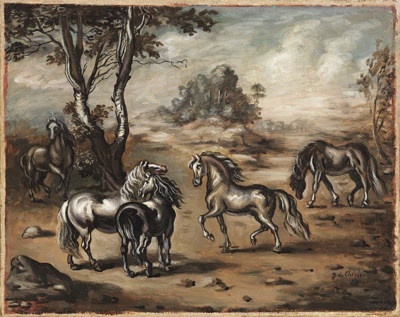 Giorgio De Chirico - Cavalli in un Paese
