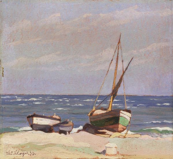Llewelyn Lloyd : Barca in secca (La barca del «Sordo»)  (1930)  - Olio su tavoletta - Auction DIPINTI E SCULTURE DEL XIX E XX SECOLO - II - Casa d'aste Farsettiarte
