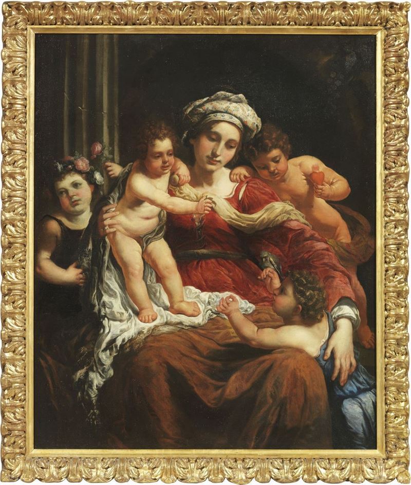 Scuola Bolognese del XVII Secolo - Madonna Col Bambino, San Giovannino e Due Angeli