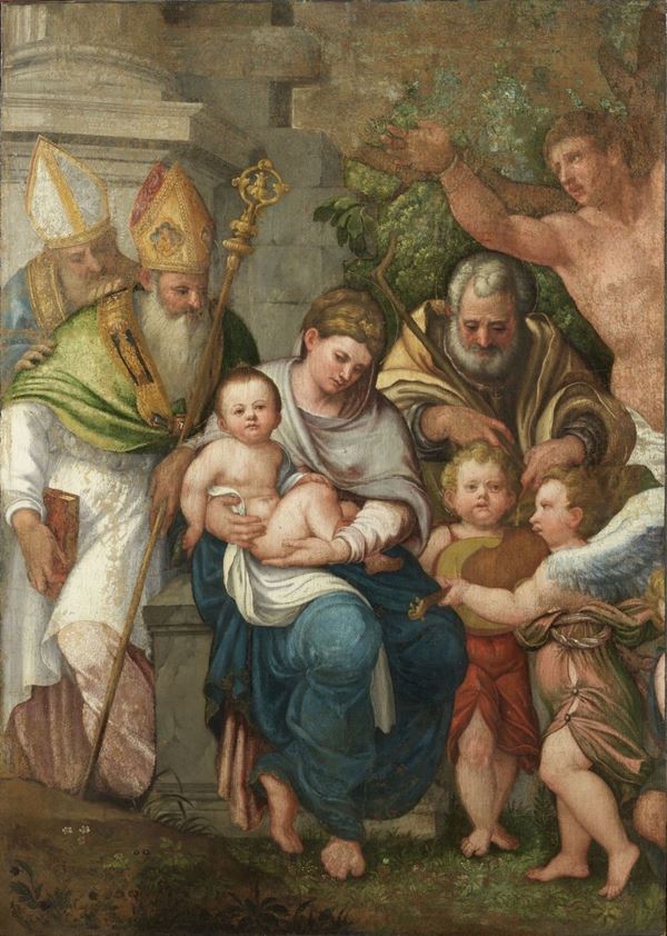 Paolo Caliari detto il Veronese (cerchia di) : Madonna col Bambino, San Giuseppe e Santi  - Olio su tela - Asta Importanti Dipinti Antichi - Casa d'aste Farsettiarte