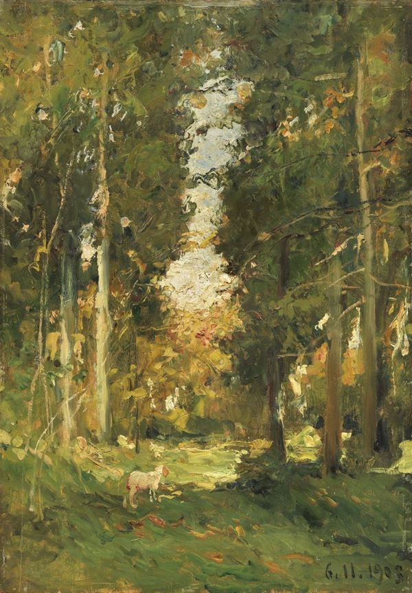 Lorenzo Delleani : Nel bosco  (1903)  - Olio su tavoletta - Auction DIPINTI E SCULTURE DEL XIX E XX SECOLO - II - Casa d'aste Farsettiarte
