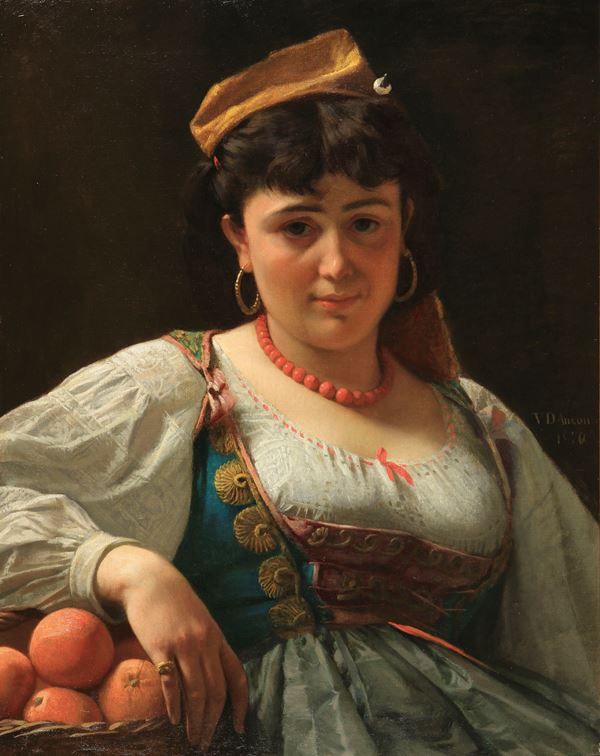 Vito D'Ancona : Marchande d'oranges; costume sicilien  (1870)  - Olio su tela - Auction DIPINTI E SCULTURE DEL XIX E XX SECOLO - II - Casa d'aste Farsettiarte