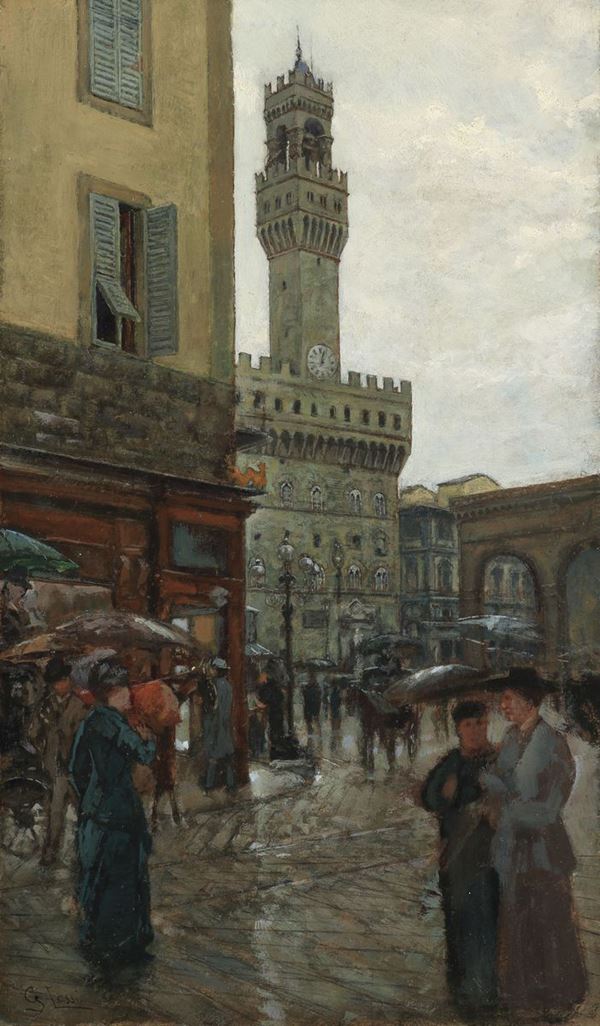Giovanni Lessi : Piazza della Signoria - Firenze  ((1896))  - Olio su cartone - Auction DIPINTI E SCULTURE DEL XIX E XX SECOLO - II - Casa d'aste Farsettiarte