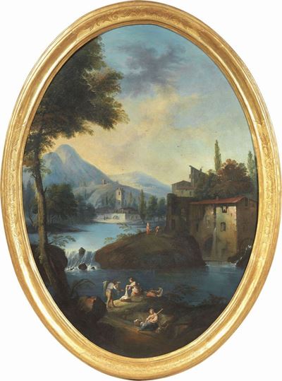 Paesaggio Fluviale con Lavandaie e Mulini